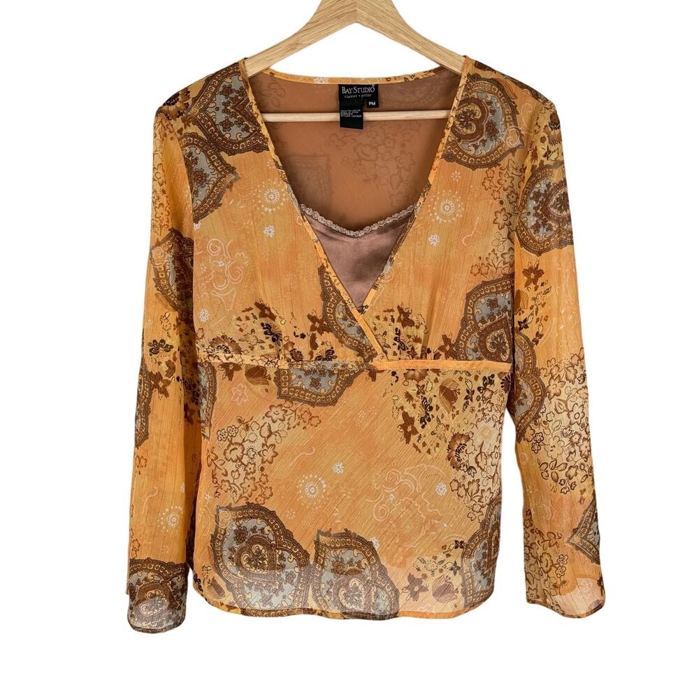 Vintage Y2K Orange Paisley Metallic Long Sleeve Top Boho Fairy Grunge Size MP